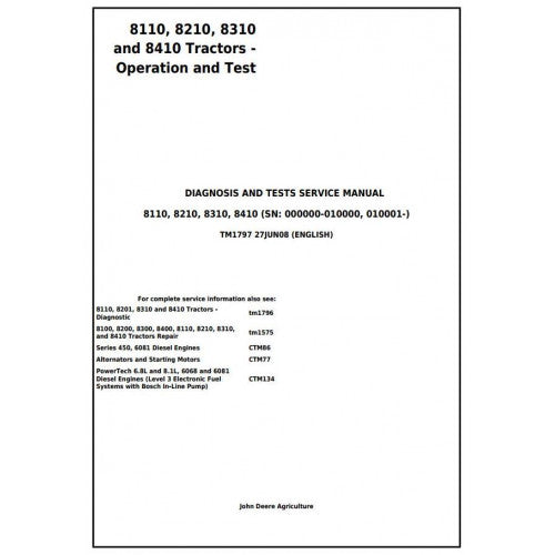 8110, 8210, 8310 and 8410 John Deere Tractor (TM1797) Diagnostic Operation and Tests Service Manual 
