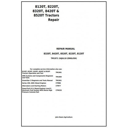 8120T, 8220T, 8320T, 8420T & 8520T John Deere Tracks Tractor (TM1971) Service Repair Manual 