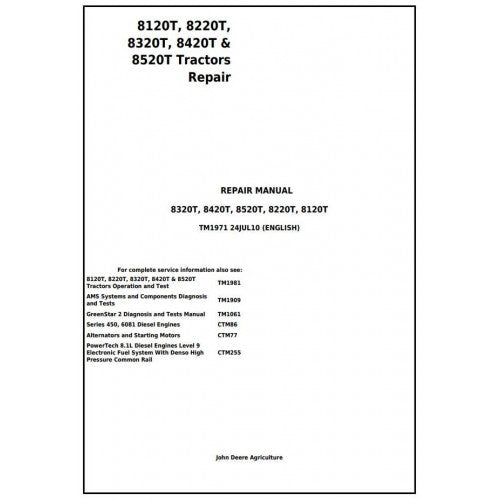 8120T, 8220T, 8320T, 8420T & 8520T John Deere Tracks Tractor (TM1971) Service Repair Manual 