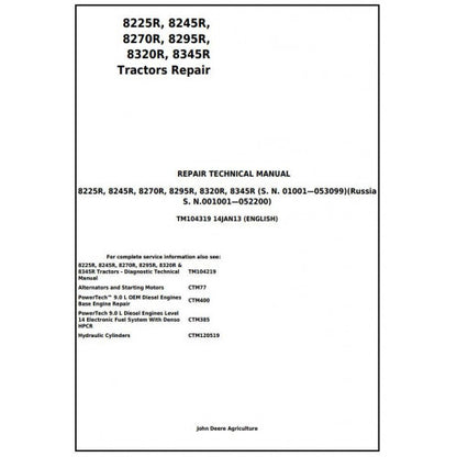 8225R, 8245R, 8270R, 8295R, 8320R, 8345R John Deere Tractor (TM104319) Service Technical Manual