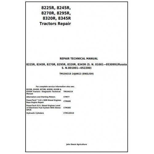 8225R, 8245R, 8270R, 8295R, 8320R, 8345R John Deere Tractor (TM104319) Service Technical Manual