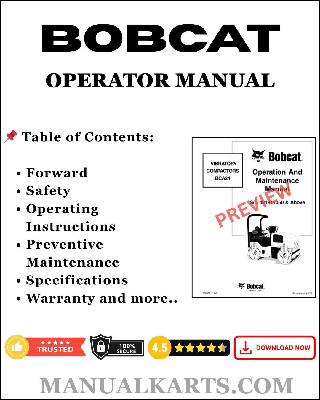 Bobcat E19 Compact Excavator Pdf Operation And Maintenance Manual