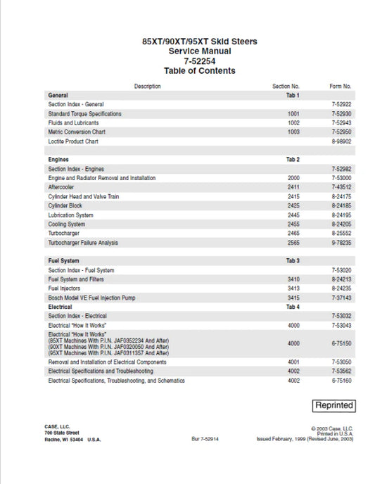 Case 85XT, 90XT, 95XT Skid Steer Loader Pdf Repair Service Manual