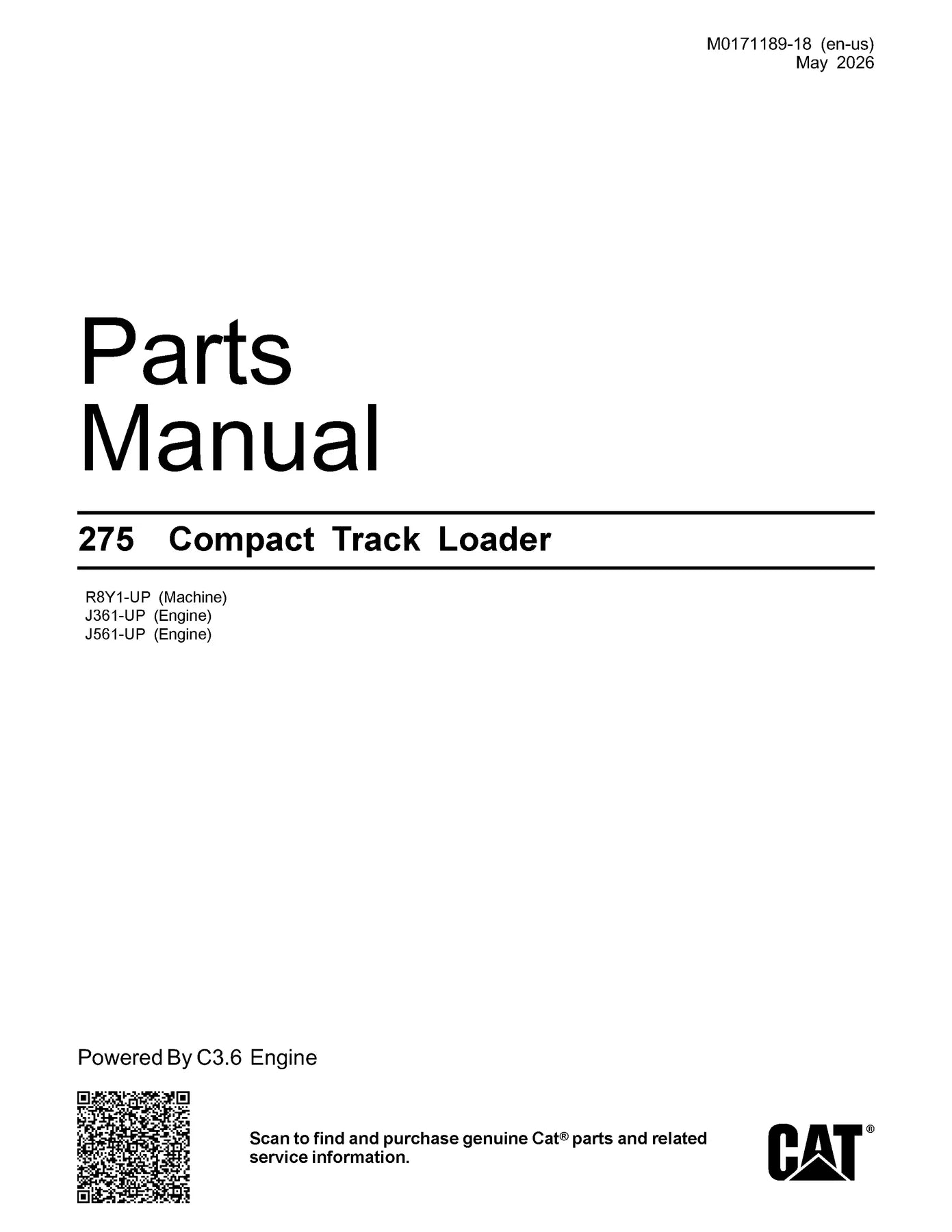 Caterpillar 275 Compact Track Loader PDF Parts Manual R8Y00001-UP