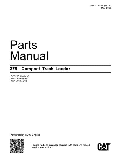 Caterpillar 275 Compact Track Loader PDF Parts Manual R8Y00001-UP