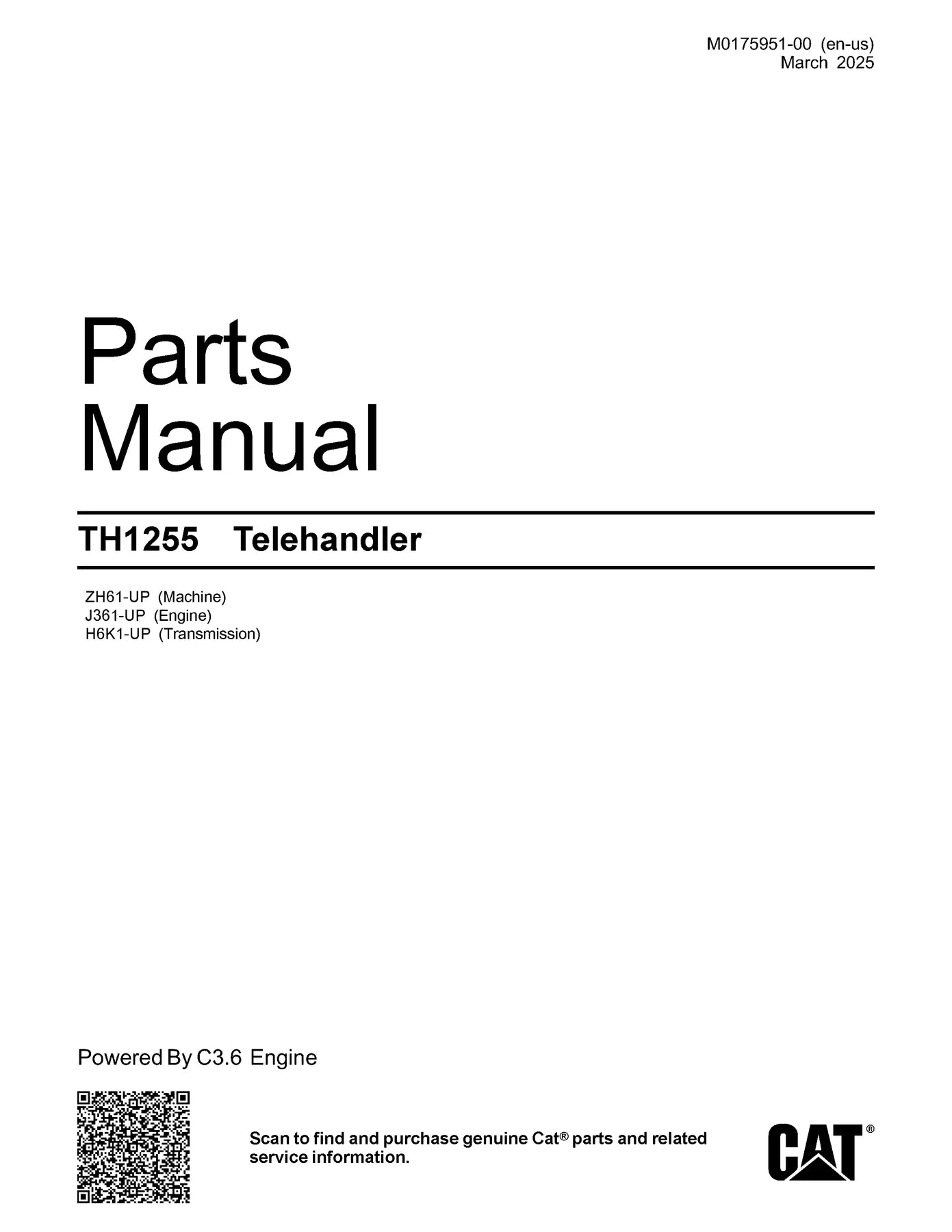 Caterpillar TH1255 Telehandler Parts Manual PDF ZH600001-UP