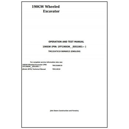 Download-John Deere 190GW Wheeled Excavator - (TM13247X19) Diagnostic, Operation and Test manual