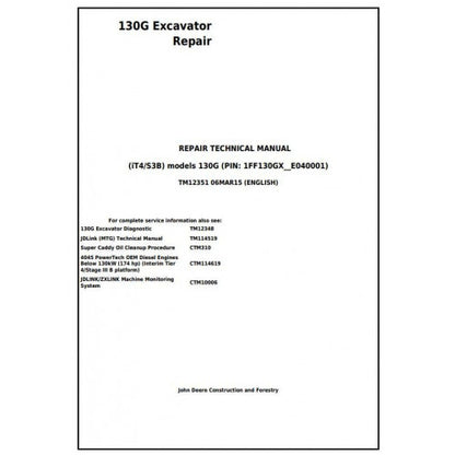 Download John Deere 130G (iT4/S3B) Excavator - (TM12351) Service Repair Manual