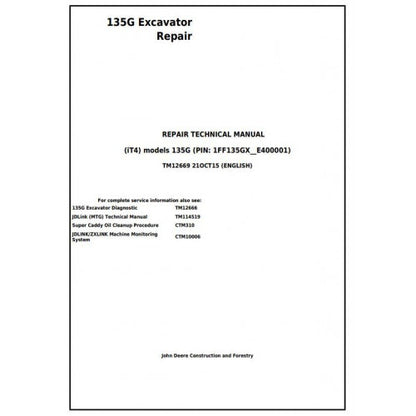 Download John Deere 135G iT4 Excavator - (TM12669) Service Repair Manual