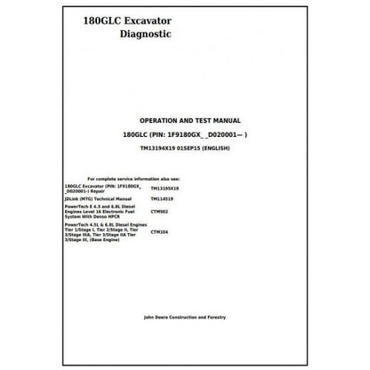 Download John Deere 180GLC Excavator - (TM13194X19) Diagnostic, Operation and Test Manual