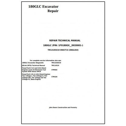 Download John Deere 180GLC Excavator - (TM13195X19) Service Repair Technical Manual