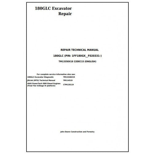 Download John Deere 180GLC Excavator - (TM13350X19) Service Repair Manual
