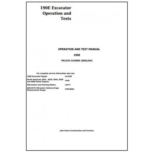 Download John Deere 190E Excavator - (TM1539) Diagnostic, Operation and Test Manual