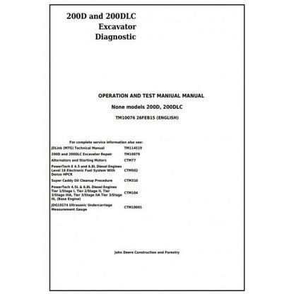 Download John Deere 200D and 200DLC Excavator (TM10076) Diagnostic, Operation and Test Service Manual