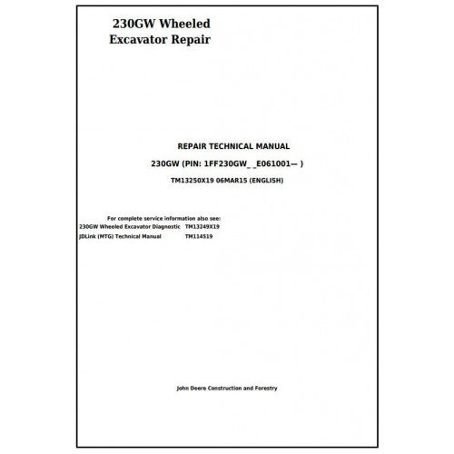 Download John Deere 230GW Wheeled Excavator - (TM13250X19) Service Repair Manual