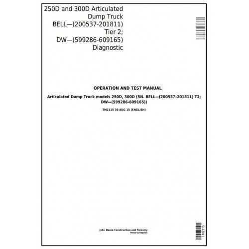 Download John Deere 250D, 300D Articulated Dump Truck (BELL, DW) (TM2115) Diagnostic and Test Service Manual