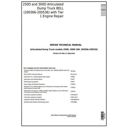 Download John Deere 250D, 300D Articulated Dump Truck BELL (TM1951 ) Service Repair Manual
