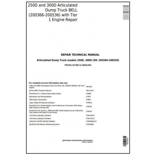 Download John Deere 250D, 300D Articulated Dump Truck BELL (TM1951 ) Service Repair Manual
