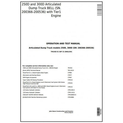 Download John Deere 250D, 300D Articulated Dump Truck (TM1950) Diagnostic & Test Service Manual