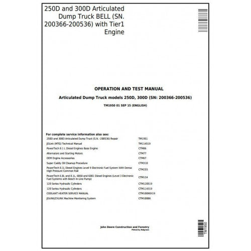 Download John Deere 250D, 300D Articulated Dump Truck (TM1950) Diagnostic & Test Service Manual