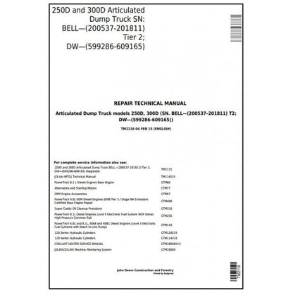 Download John Deere 250D and 300D Articulated Dump Truck (BELL, DW) (TM2116) Service Technical Manual