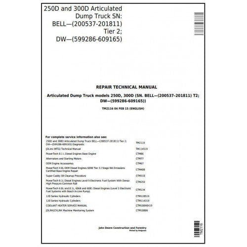 Download John Deere 250D and 300D Articulated Dump Truck (BELL, DW) (TM2116) Service Technical Manual