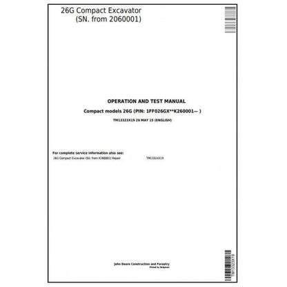 Download John Deere 26G Compact Excavator - (TM13323X19) Diagnostic, Operation & Test Service Manual