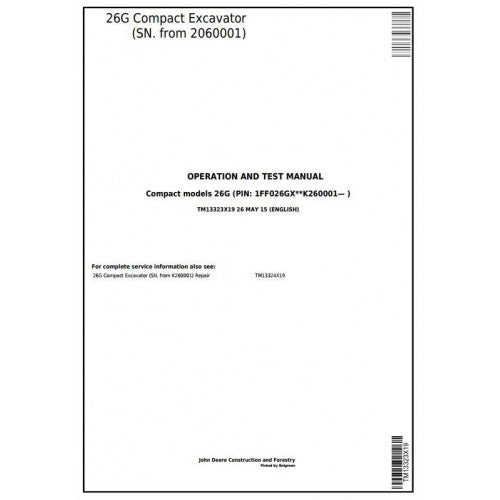 Download John Deere 26G Compact Excavator - (TM13323X19) Diagnostic, Operation & Test Service Manual