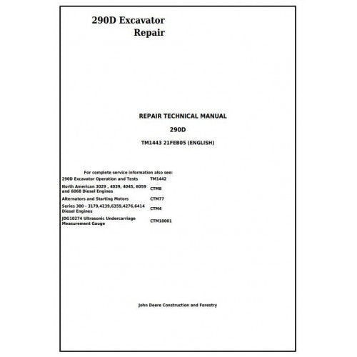 Download John Deere 290D Excavator - (TM1443) Service Repair Technical Manual
