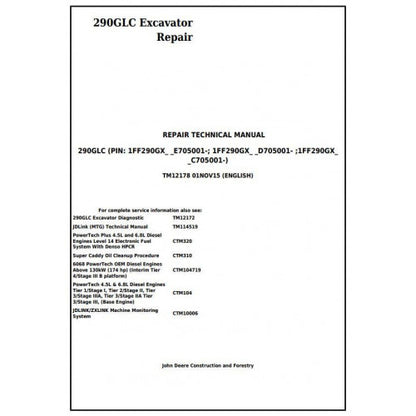 Download John Deere 290GLC Excavator - (TM12178) Service Technical Manual