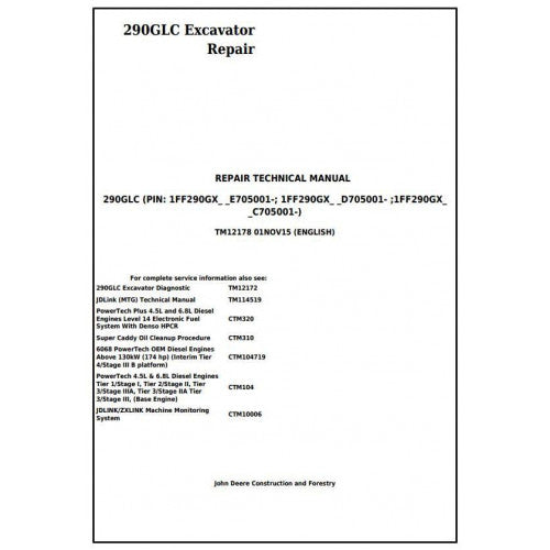 Download John Deere 290GLC Excavator - (TM12178) Service Technical Manual