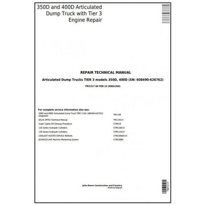 Download John Deere 350D, 400D Articulated Dump Truck (TM1317) Repair Service Manual