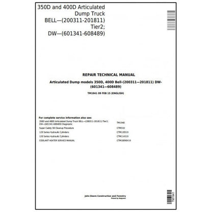 Download John Deere 350D and 400D Articulated Dump Truck (TM1941) Service Technical Manual