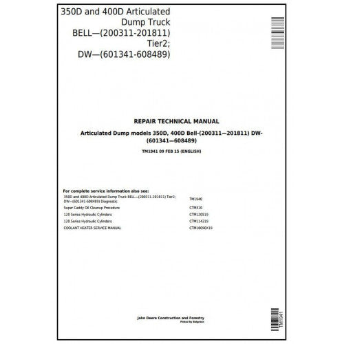 Download John Deere 350D and 400D Articulated Dump Truck (TM1941) Service Technical Manual