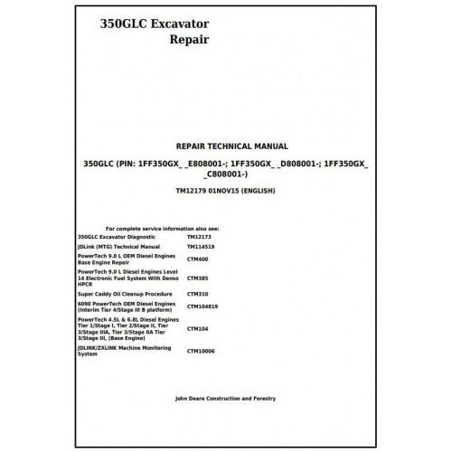 Download John Deere 350GLC Excavator - (TM12179) Service Technical Manual