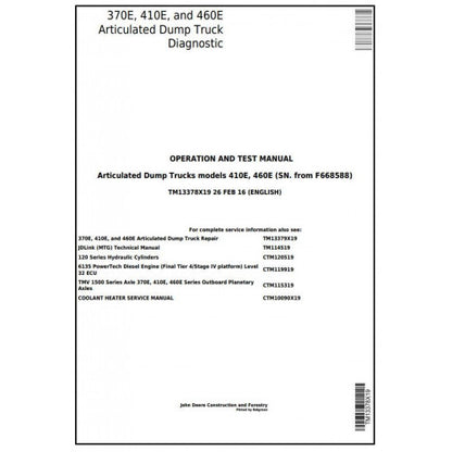 Download John Deere 370E, 410E, 460E Articulated Dump Truck (TM13378X19) Diagnostic & Test Manual