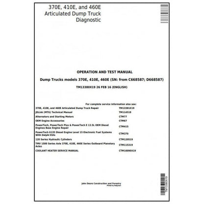 Download John Deere 370E, 410E, 460E Articulated Dump Truck (TM13380X19) Diagnostic & Test Manual