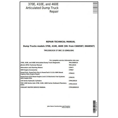 Download John Deere 370E, 410E, 460E Articulated Dump Truck (TM13381X19) Service Repair Manual