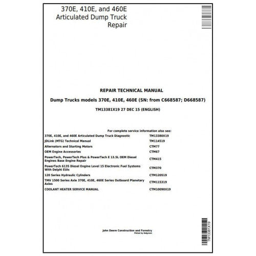 Download John Deere 370E, 410E, 460E Articulated Dump Truck (TM13381X19) Service Repair Manual