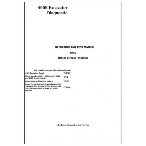 Download John Deere 490E Excavator - (TM1504) Diagnostic, Operation and Test Service Manual