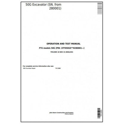 Download John Deere 50G Compact Excavator - (TM12885) Diagnostic, Operation & Test Service Manual