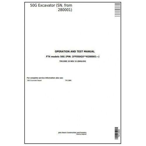 Download John Deere 50G Compact Excavator - (TM12885) Diagnostic, Operation & Test Service Manual