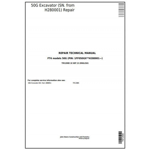 Download John Deere 50G Compact Excavator - (TM12888) Service Repair Technical Manual