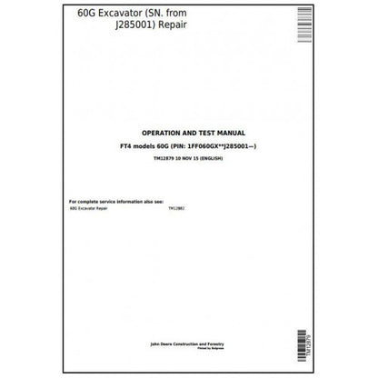 Download John Deere 60G Compact Excavator - (TM12879) Diagnostic, Operation & Test Service Manual