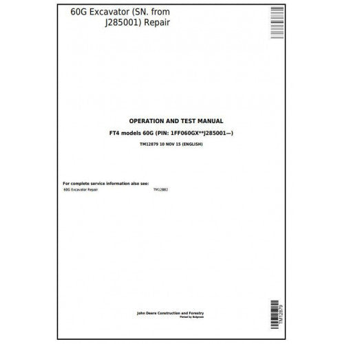 Download John Deere 60G Compact Excavator - (TM12879) Diagnostic, Operation & Test Service Manual