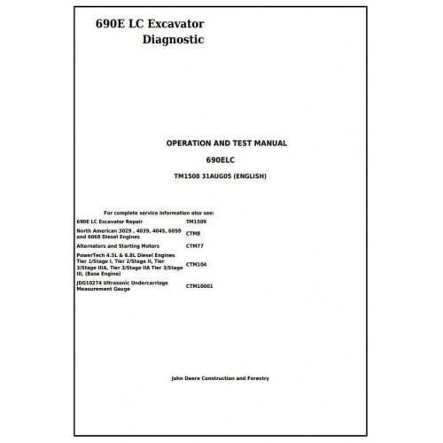 Download John Deere 690E LC Excavator - (TM1508) Diagnostic, Operation and Test Service Manual