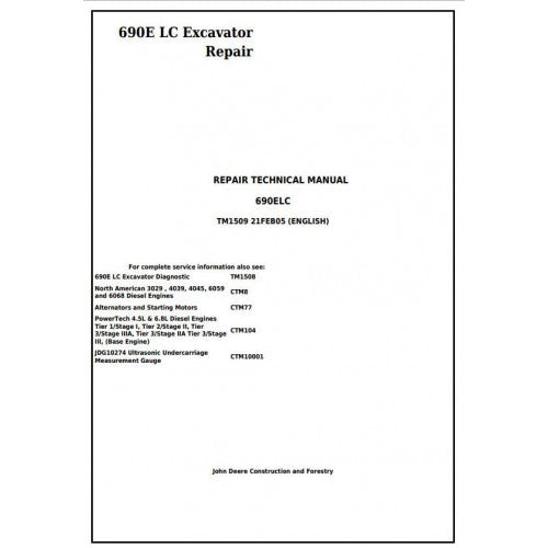 Download John Deere 690E LC Excavator - (TM1509) Service Repair Technical Manual