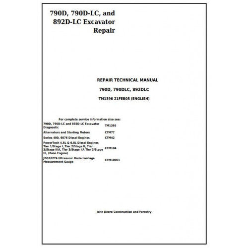 Download John Deere 790D, 790D-LC, and 892D-LC Excavator - (TM1396) Service Repair Technical Manual