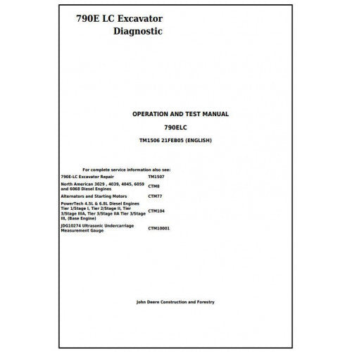 Download John Deere 790E LC Excavator - (TM1506) Diagnostic, Operation and Test Service Manual