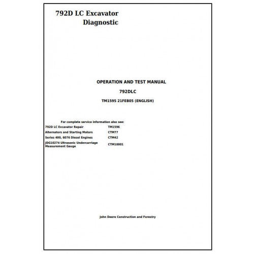 Download John Deere 792D LC Excavator - (TM1595) Diagnostic, Operation and Test Service Manual